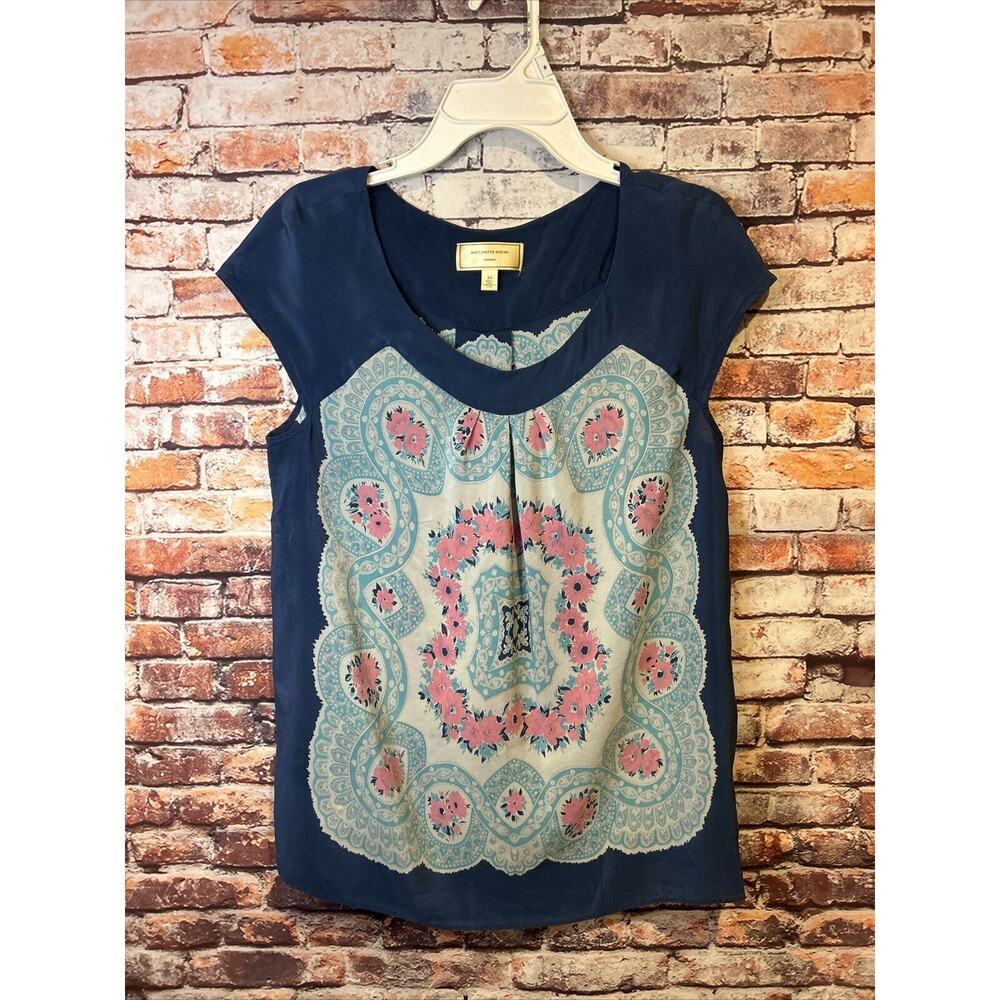 Moulinette Soeurs cap sleeves Paisley Blue Silk Blouse Top Shirt Women’s Size Xs